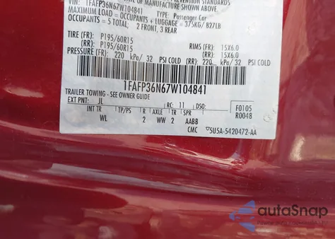 2007 Ford Focus Zxw/S/Se/Ses z USA, uszkodzony, nr VIN 1FAFP36N67W104841